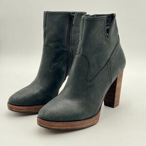 Lucky Brand Quintei Booties Leather Chunky Heeled Boots Black Ankle Side Zipper